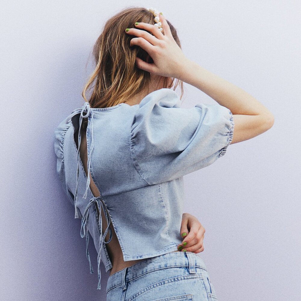 Puff Sleeve Denim Top by Divided H+M